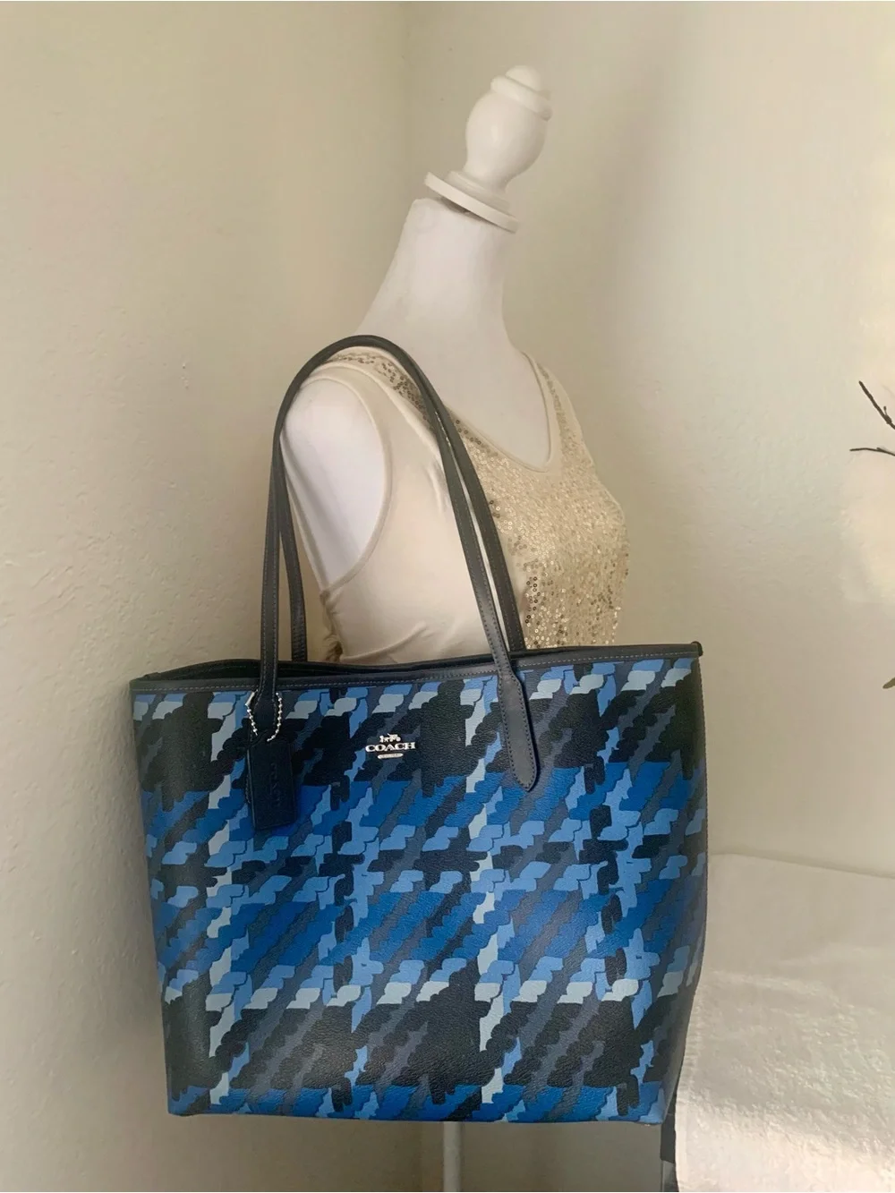 Coach Large City Tote Graphic Plaid Print Blue & Black Carryall